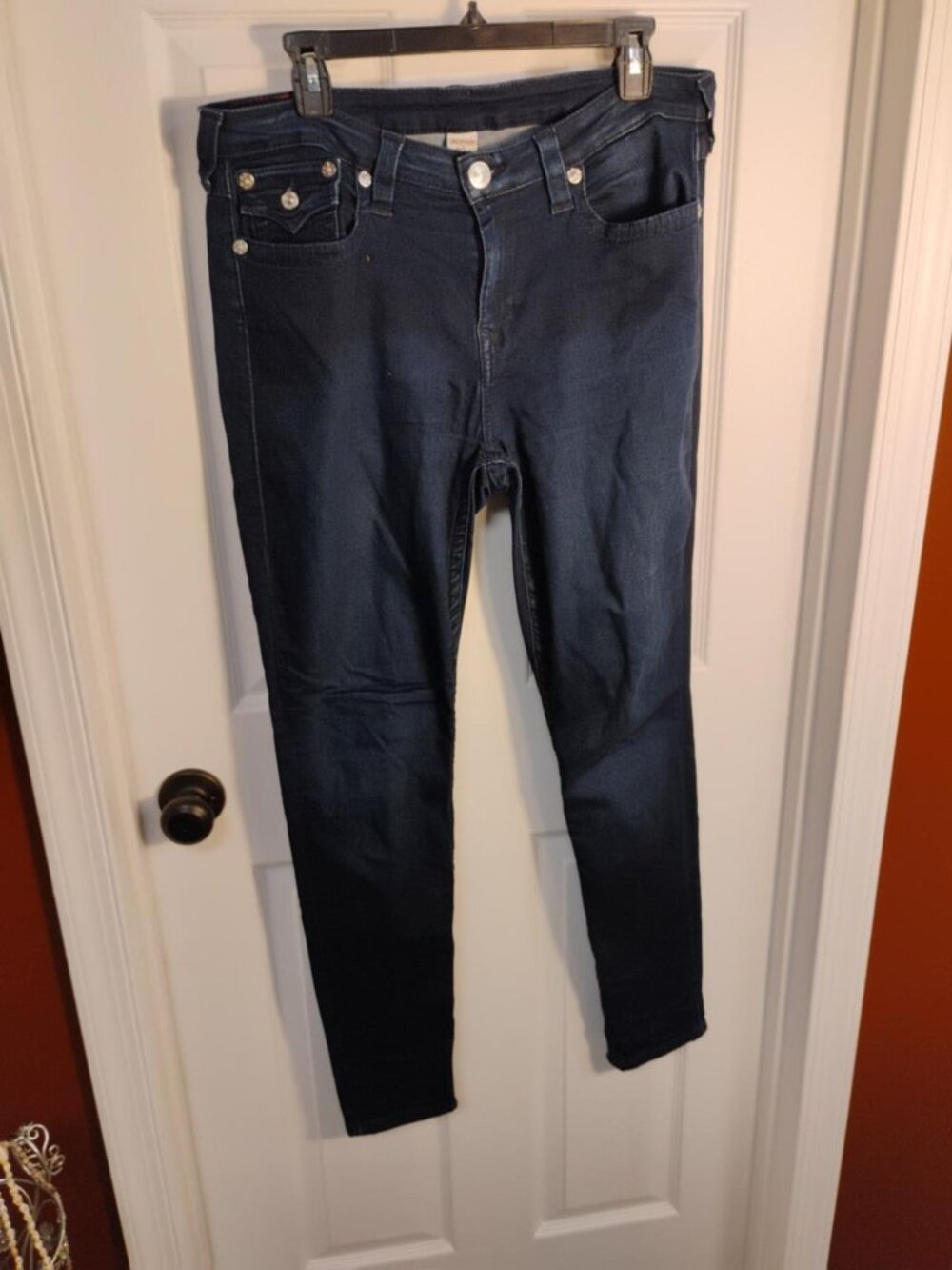 True Religion Rhinestone Horseshoe Skinny Jeans Dark Wash Size 33